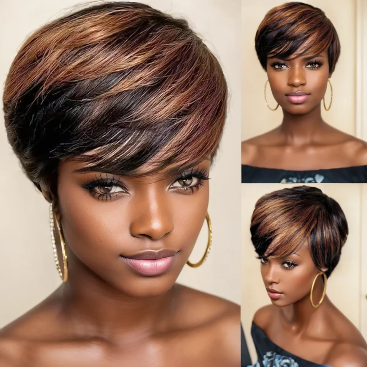 Фото WIGERA Highlight Синтетические короткие прямые волосы с стрижкой пикси Боб парик Ombre Honey Light Bronw Mix Черные многослойные парики из волос для женщин №1