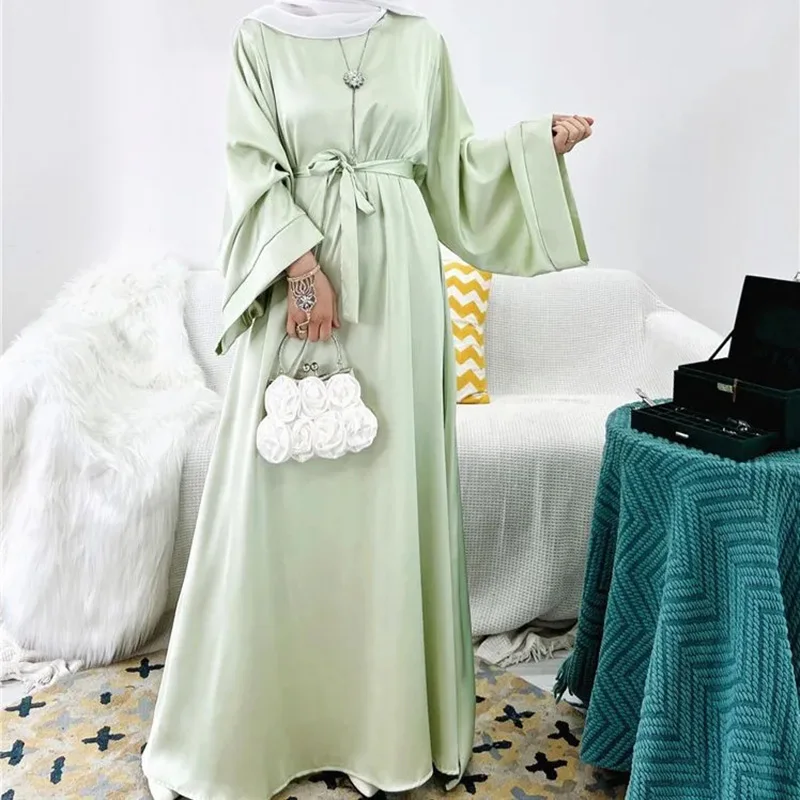 Satin Abaya Dubai With Pockets Free Belt Modest Fashion EID  Muslim Islamic Clothing Women Ramadan Long Sleeve Maxi Dress