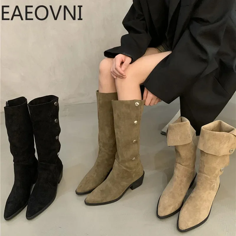 

Woman Western Cowgirl Boot Fashion Street Style Slip On Low Heel Bota Ladies Elegant Pointed Toe Long Booties