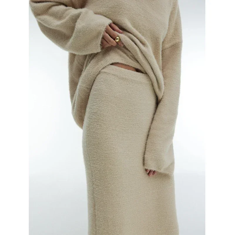 Ueteey осенне-зимний вязаный костюм с юбкой женский простой свободный свитер из