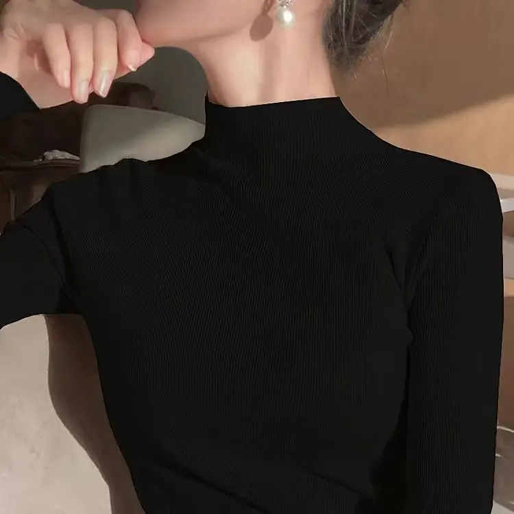 

Bottoming Shirt Women's Autumn and Winter Half Turtleneck Sweater Slim Long-sleeved Inner Top Knitted Sweater Solid Color Simple