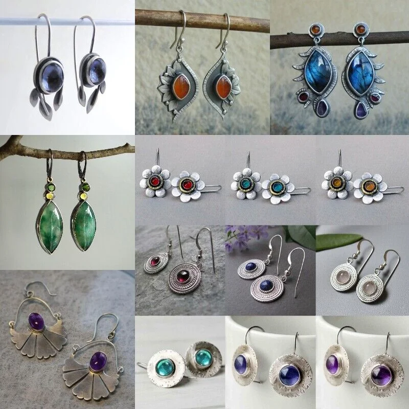 

2023 New Oval Dark Blue Stone Earrings Retro Silver Metal Carved Leaf Pendant Women's Earrings Jewelry Accessories