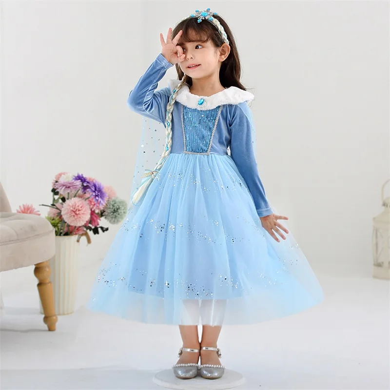 

Children Cosplay Costume Princess Birthday Party Sequined Long Sleeve Spring Dress Gown Vestidos Baby Girls Clothes 2 10 Years