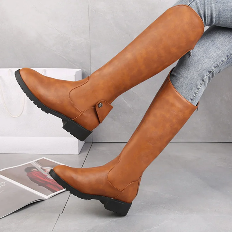 

COZOK2022 New Winter Warm Knee High Boots Belt Buckle Decorative Round Toe Med Heels Snow Boots Comfortable Women's Boots Shoes