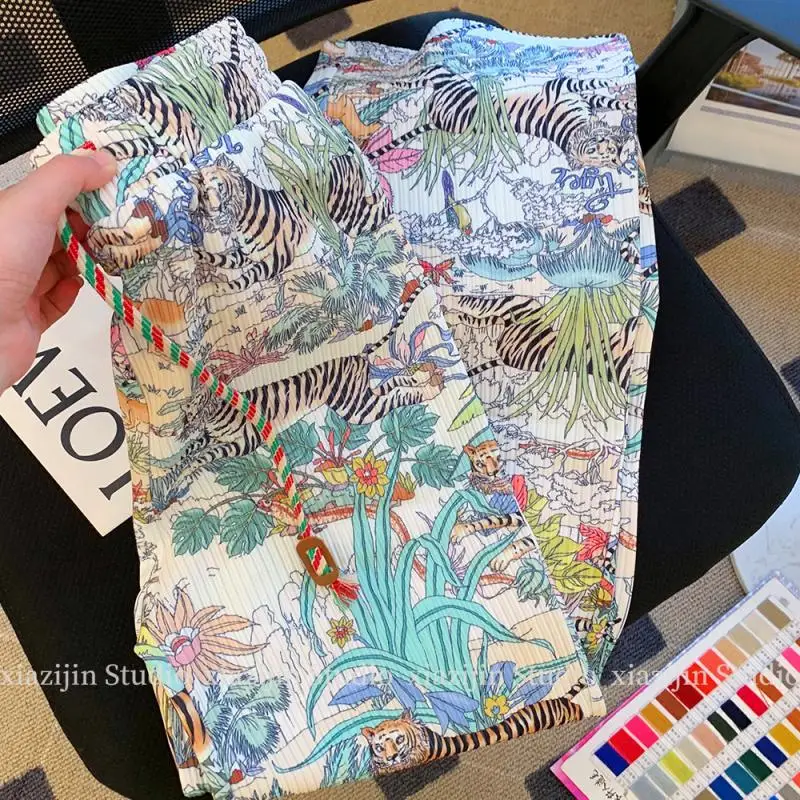 Женские брюки-трубы Y2K с принтом тигра и цветов