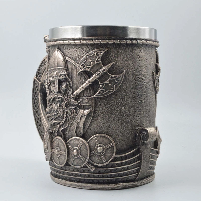 

P82D Viking Rune Beer Mug 304 Stainless Steel Tankard Resin Imitation Pirate Nordic Decor Stein Coffee Cup Men Gift