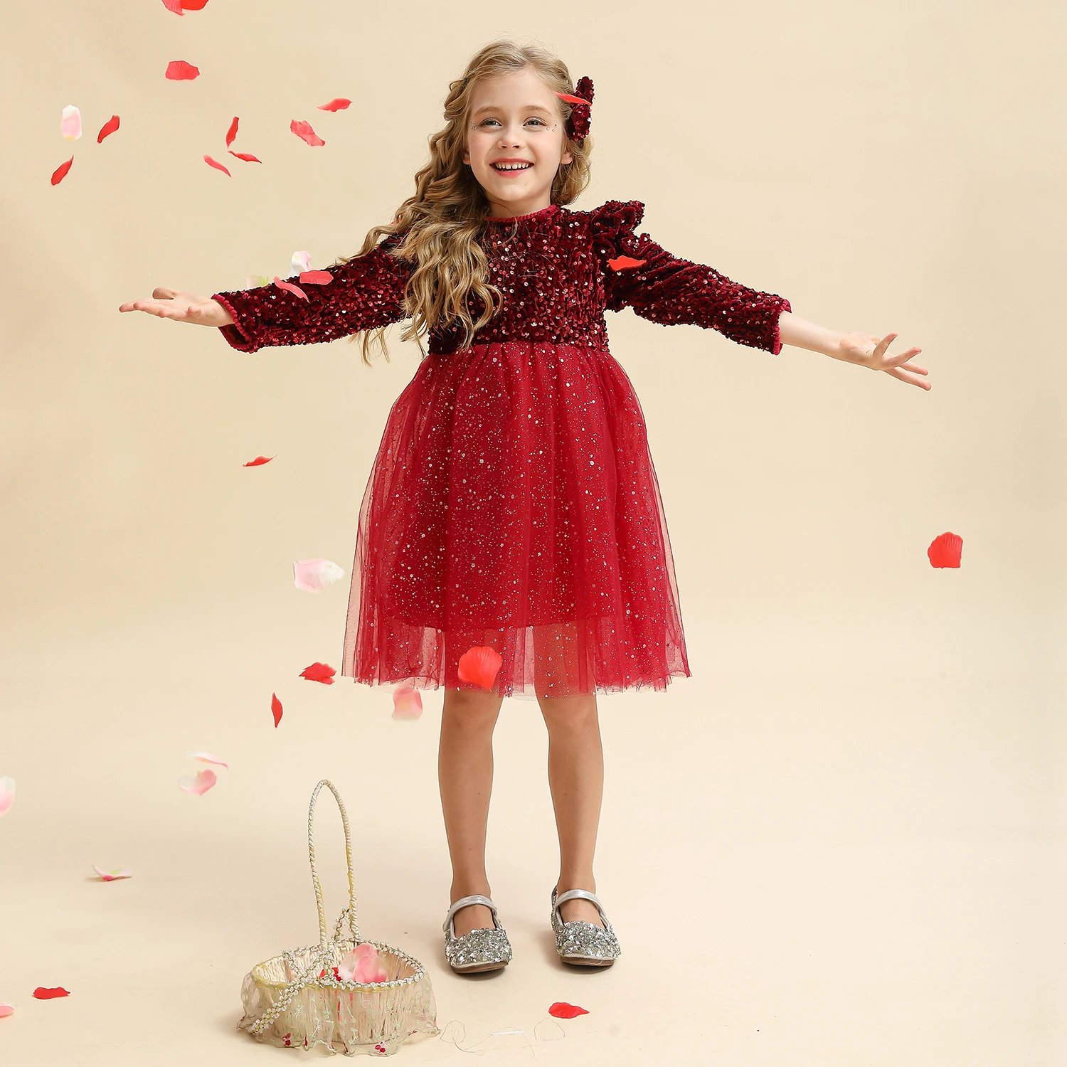 

Girls Long Sleeve Dresses for Autumn Winter Sequin Red Princess Birthday Party Gown Children Christmas New Year Dress for 3-8 Yr