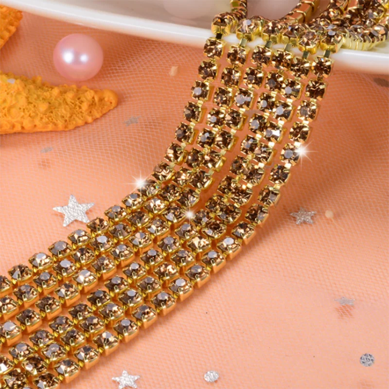 

Crystal yellow10Yards DIY Rhinestone Chain Dense gold bottom sewing Rhinestones for clothing Art Decoration