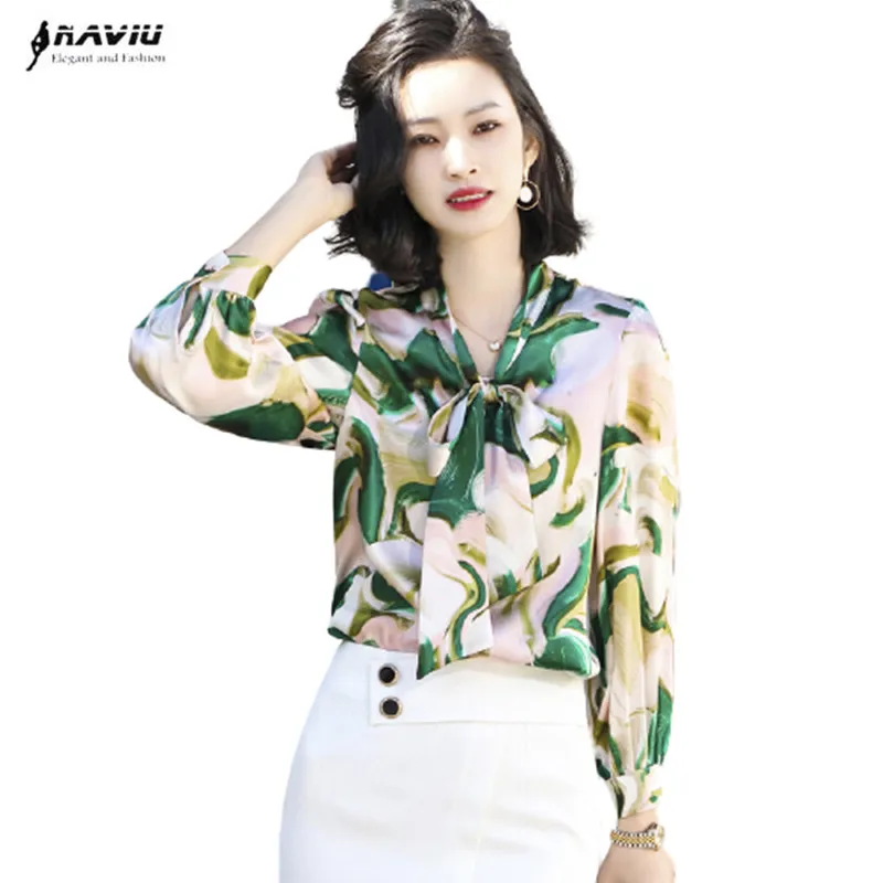

Printed Shirt Women Spring 2022 New Design Fashion Temperament Long Sleeve Casual Streamer Blouses Office Ladies Formal Work Top