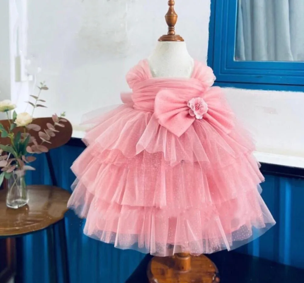 

Индивидуальное розовое Тюлевое платье для дня рождения для девочек, Многоярусное платье с блестками и цветами для девочек, детское платье для первого причастия