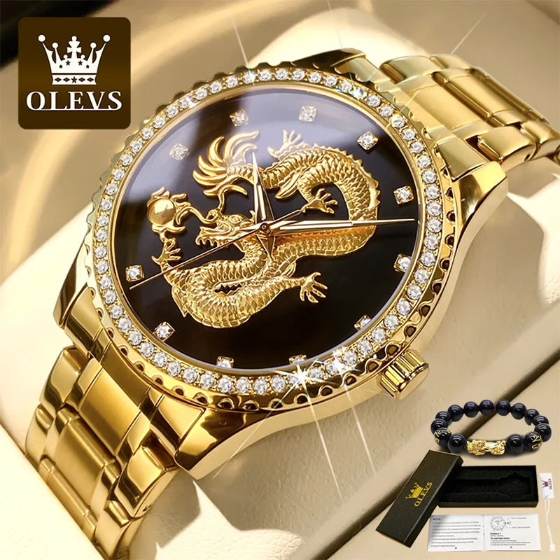 

OLEVS Golden 3D Dragon Men's Watches Luxury Original Stainless Steel Diamond Gold Male Wristwatches Mens Relogio Masculino 2022