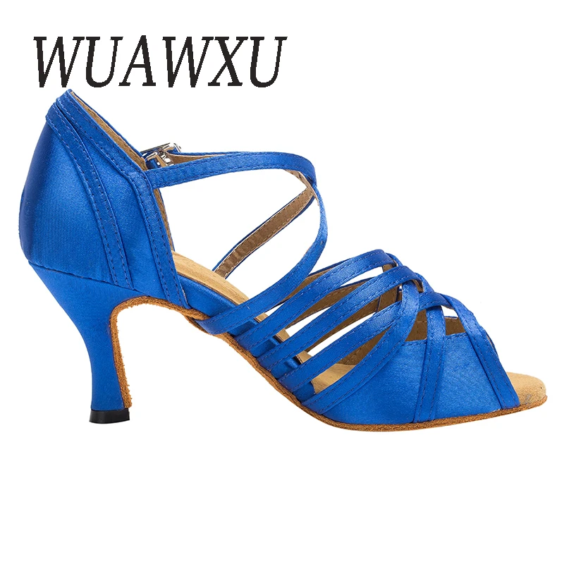 NATASHA2023 Latin Dance Shoes Women's Satin Wine Red 8.5cm Thin Heel Blue 7.5cm Cuban Heel Soft Sole