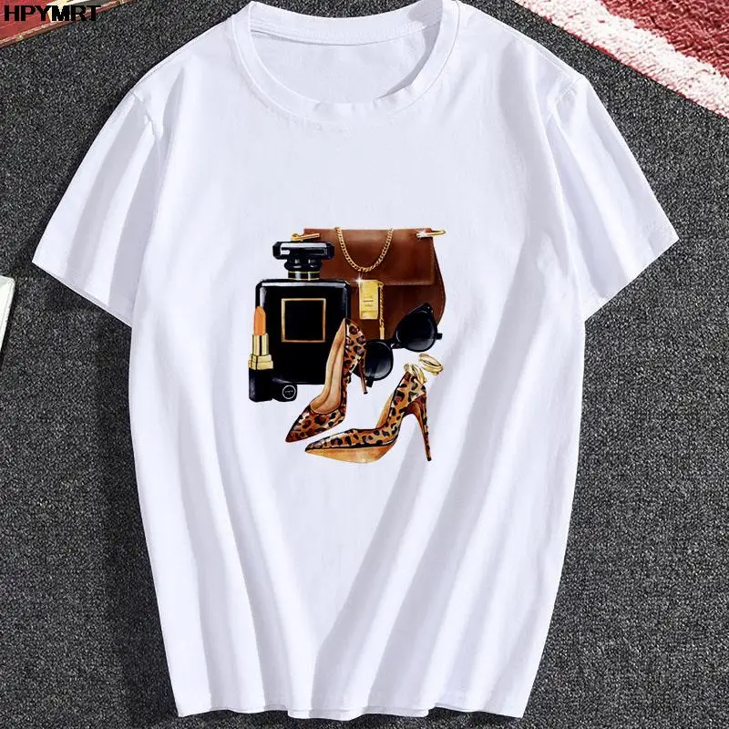 

Новая модная графическая рубашка с принтом духов на высоких каблуках с круглым вырезом и коротким рукавом Повседневная уютная футболка Лет...