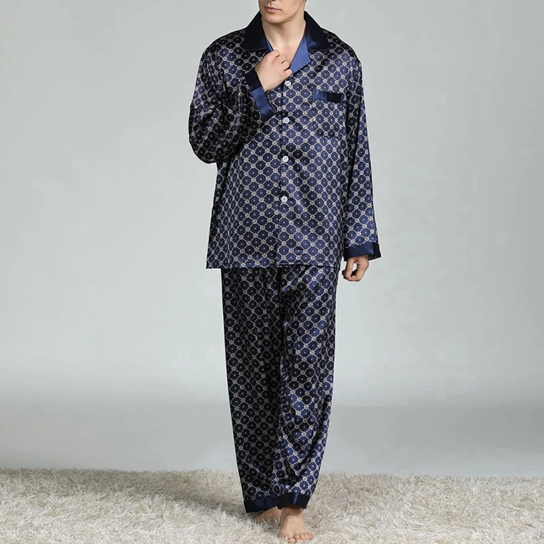 Puimentiua Spring Men Sleepwear Long Sleeve Satin Pajama Sets For Men Sleepwear Suit Homewear Home Clothes Pyjamas Lounge Summer