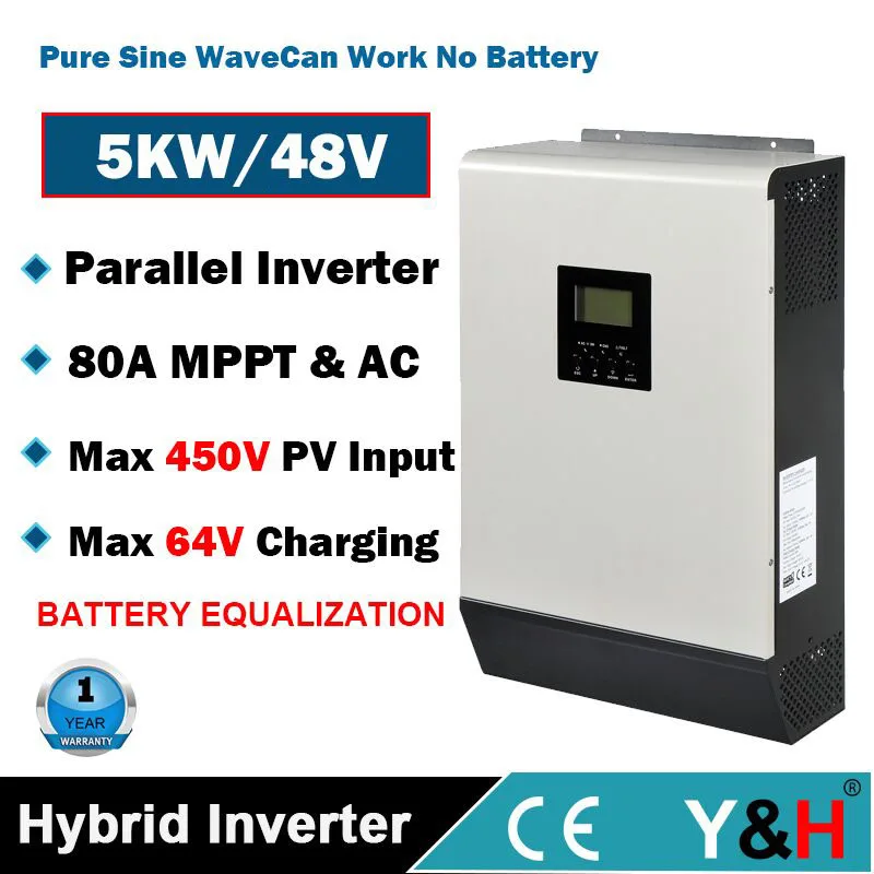 

Y&H 5000W Hybrid Solar Inverter 450Vdc PV 80A MPPT Parallel Inverter 48V 230V Pure Sine Wave Inverter 80A Battery Charger