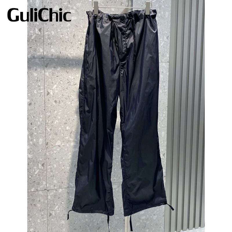 6.27 GuliChic Women Casual Fashion Drawstring Draped Black Straight Pants