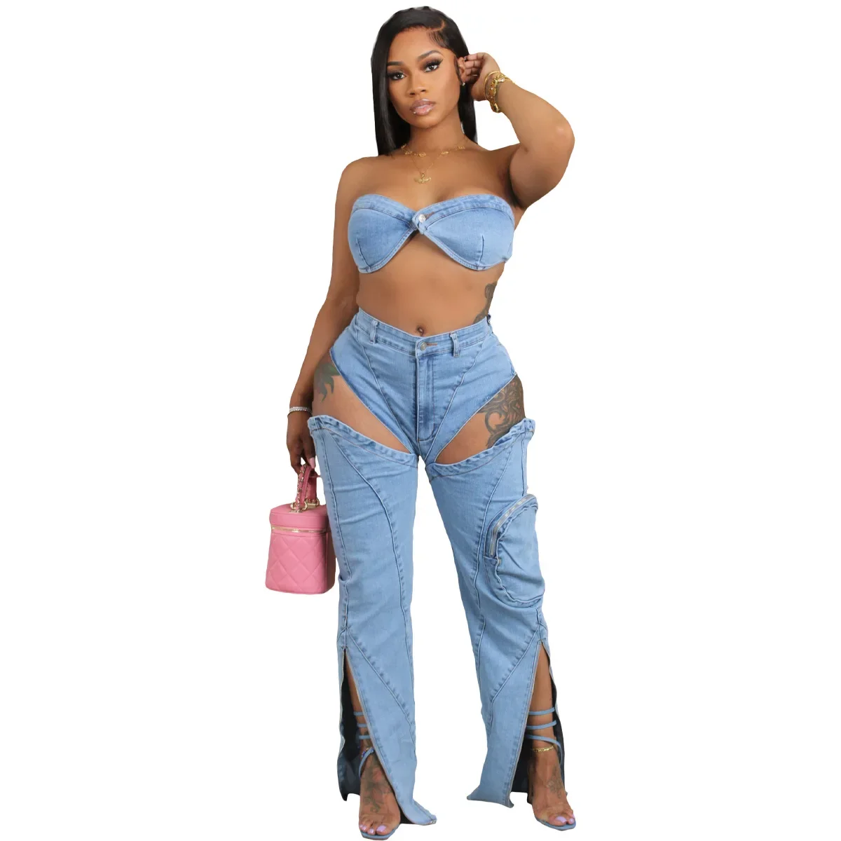 Комплекты джинсовых брюк для женщин 2024 сексуальная уличная одежда комплект из