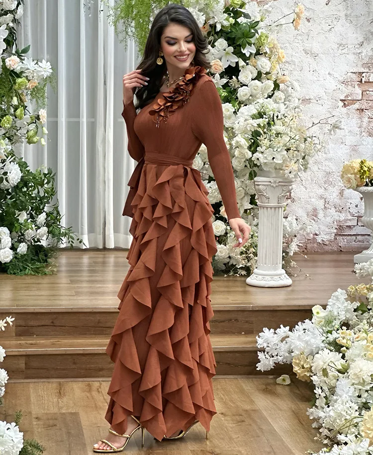 Плиссированное платье 2025 года с рюшами женское повседневное макси