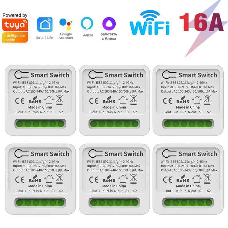 

1-6pcs Tuya wifi Mini Smart Switch 16A 2-Way DIY Switches Timer Module Smart Life App Voice Control For Alexa Google Home Alice