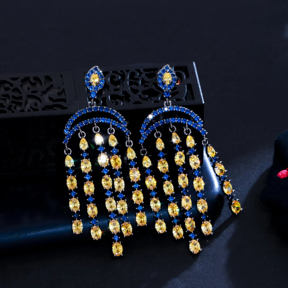 

ThreeGraces Charming Yellow Blue Cubic Zirconia Black Gold Color Long Tassel Drop Earrings for Women New Fashion Jewelry E1082