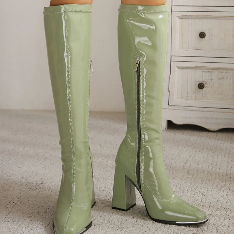 Vierkante Hoofd Herfst Winter Nieuwe Zwart Lakleer Vrouwen Laarzen Toevallige Dikke Hak Genuine Leather Women Shoes Boots Women