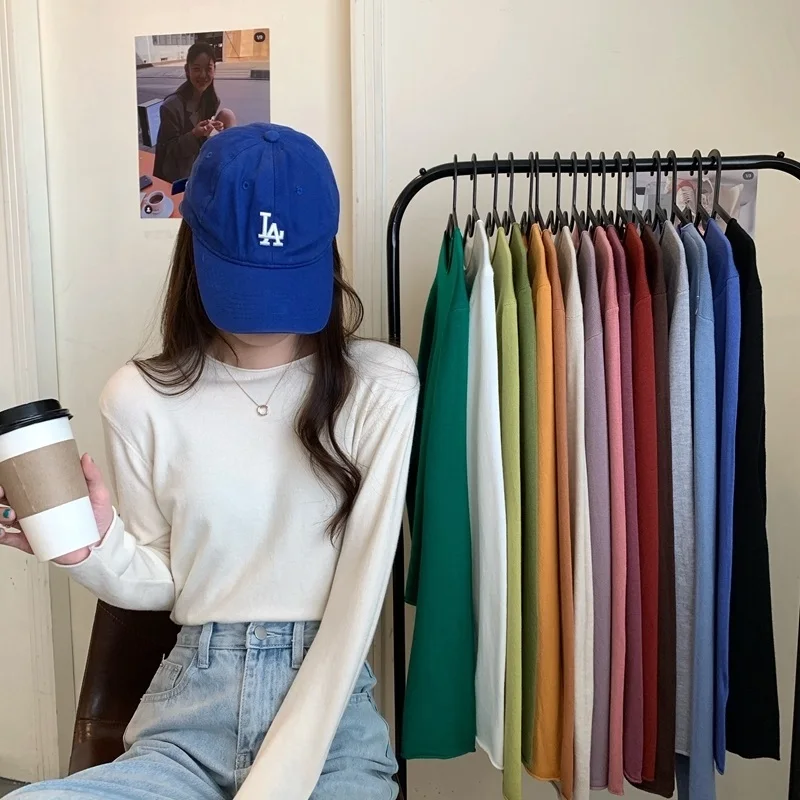 

Женский свободный трикотажный свитер, Повседневная Базовая кофта с длинным рукавом, однотонный трикотажный топ в Корейском стиле, Осень-зи...