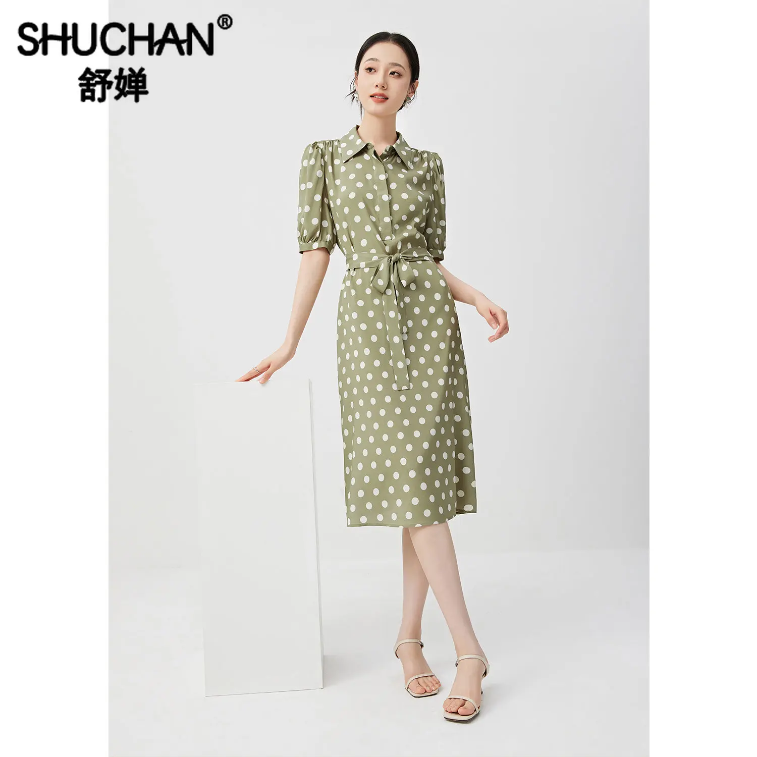 

Shuchan Vestidos De Verano Mujer 2023 A-LINE Mid-Calf Turn-down Collar 90% Natural Silk Dot Summer Dress Women