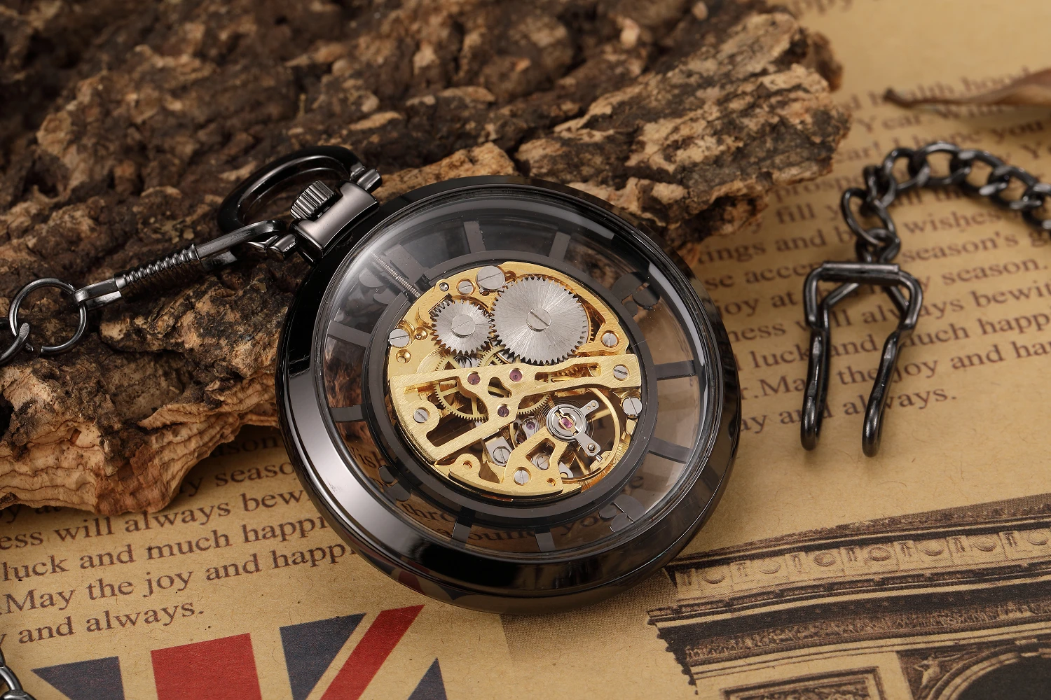 Luxury Black Pocket Watch Vintage Hand-WInd Mechanical Steampunk Men Watches Roman Numerals Clock With Fob Chain Reloj Hombre