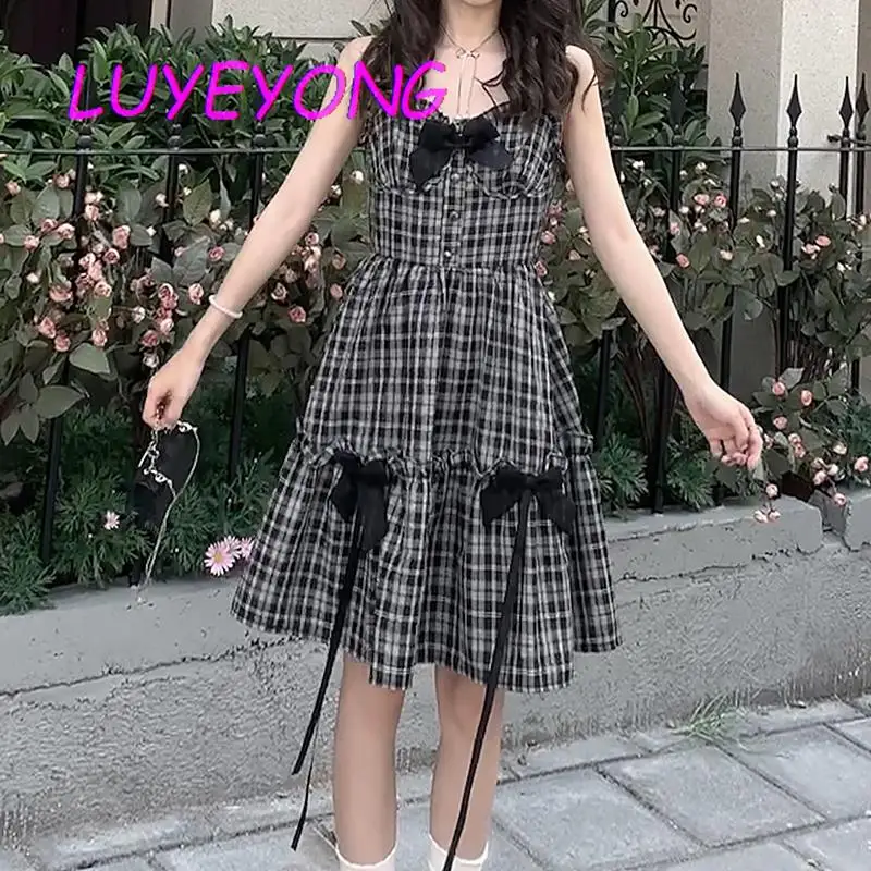 

Japanese Mujer Vintage A-line Vestidos Girl Sleeveless Ruffles Bow Y2k Dresses Sweet Lady V Neck Empire Plaid Dress 2022 Summer