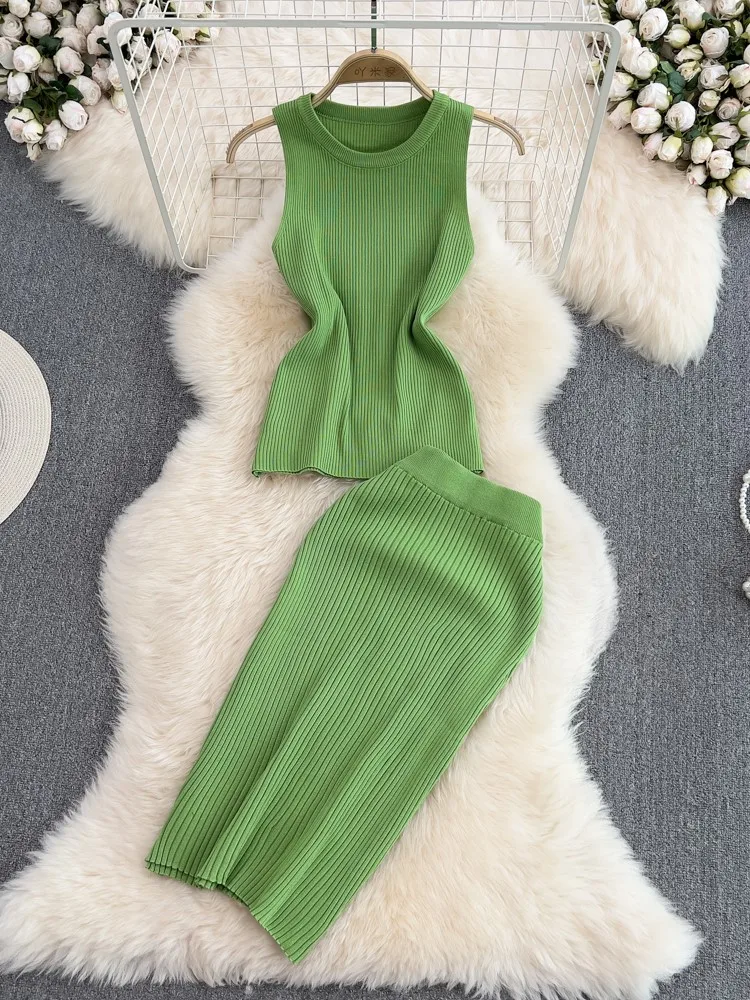 

Summer Women Knitted Skirt Two Pieces Sets Slim Tank Tops & High Waist Midi Skirt Female Fashion Skirt Suits
