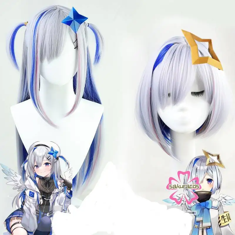 

Anime VTuber Hololive Amane Kanata Cosplay Wigs Silver Gray Mixed Blue Synthetic Hair Halloween Costume Hairpins Prop + Wig Cap