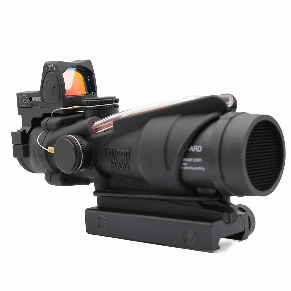 

ACOG 4x32 Fiber Illuminated Red Chevron Scope with Red Dot Sight RMR Killflash and Embossed Logo