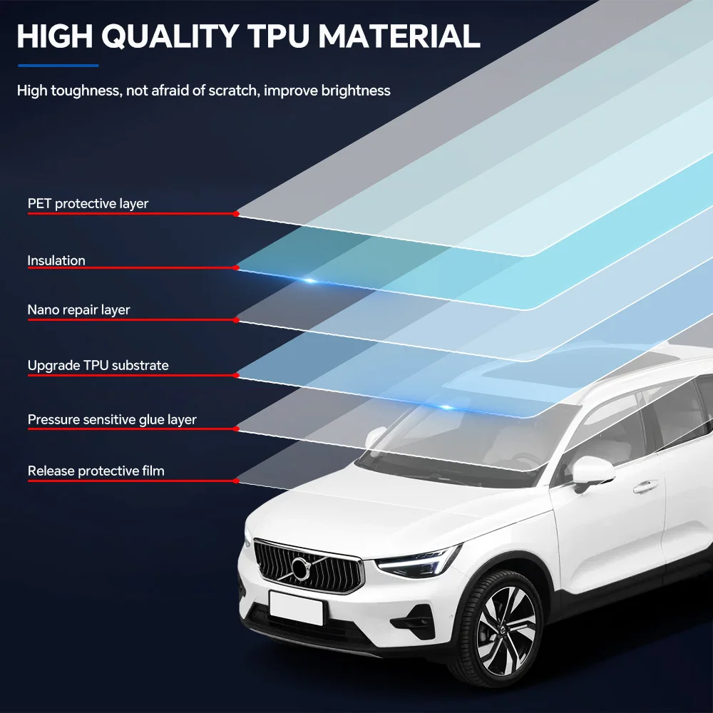 Фото Для Volvo XC40 Recharge 2023-2024: Предварительно вырезанная защитная пленка для кузова автомобиля, 8.5 мил, ТПУ, ППФ, антицарапийная, самовосстанавливающаяся, прозрачный защитный комплект, устойчивый к повреждениям. №3