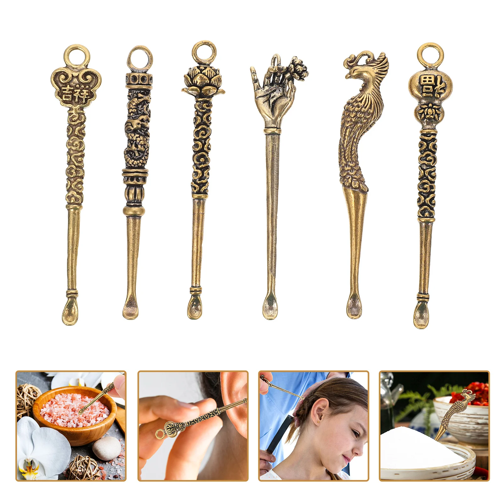 

6 Pcs Car Pendant Miniature Key Fob Charms Holder Necklace Ear Wax Removal Snorter Copper Spoon Earpick