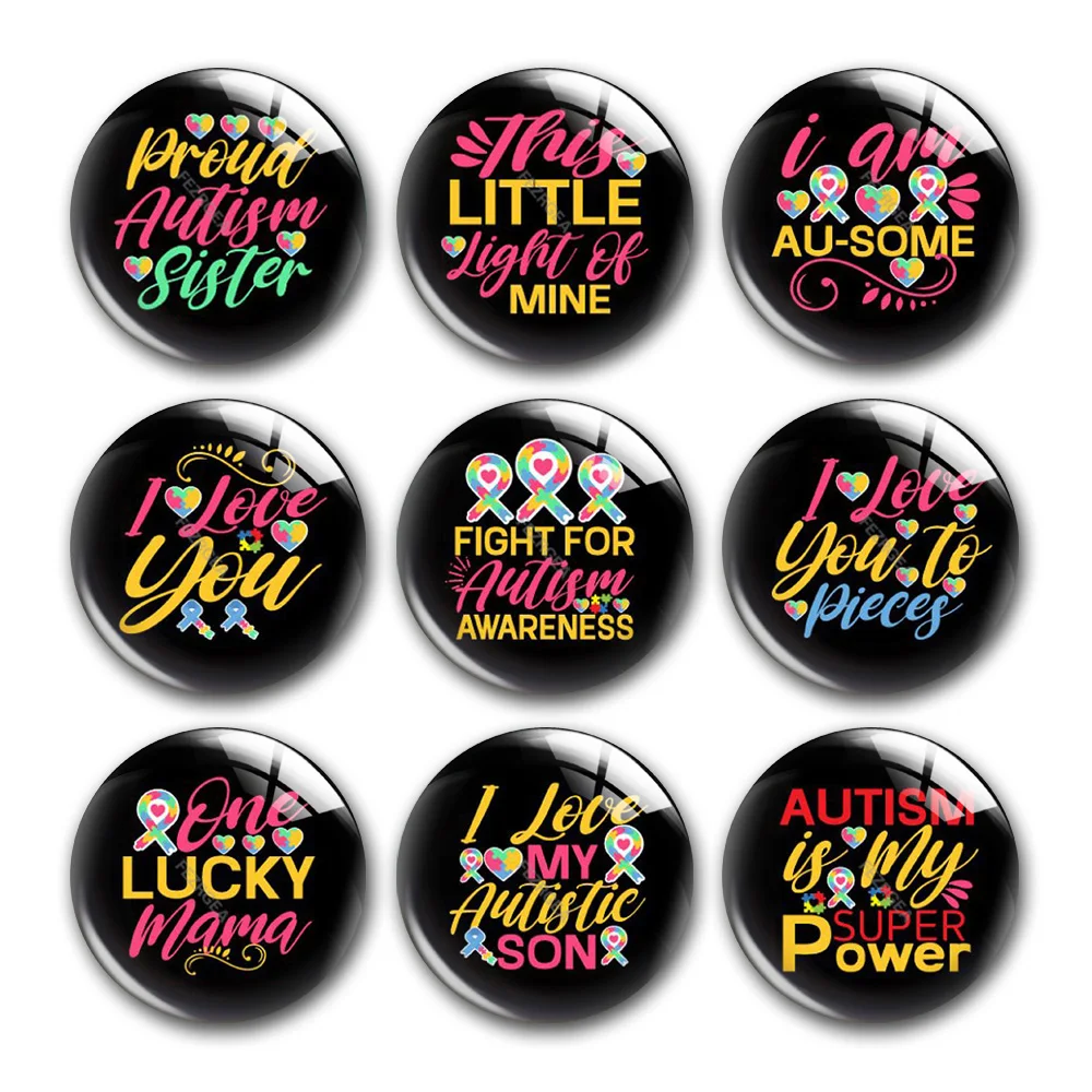 

Autism Awareness Au-some Proud Round Photo Glass Cabochon Demo Flat Back For DIY Jewelry Making Keychain Supplies Accessories