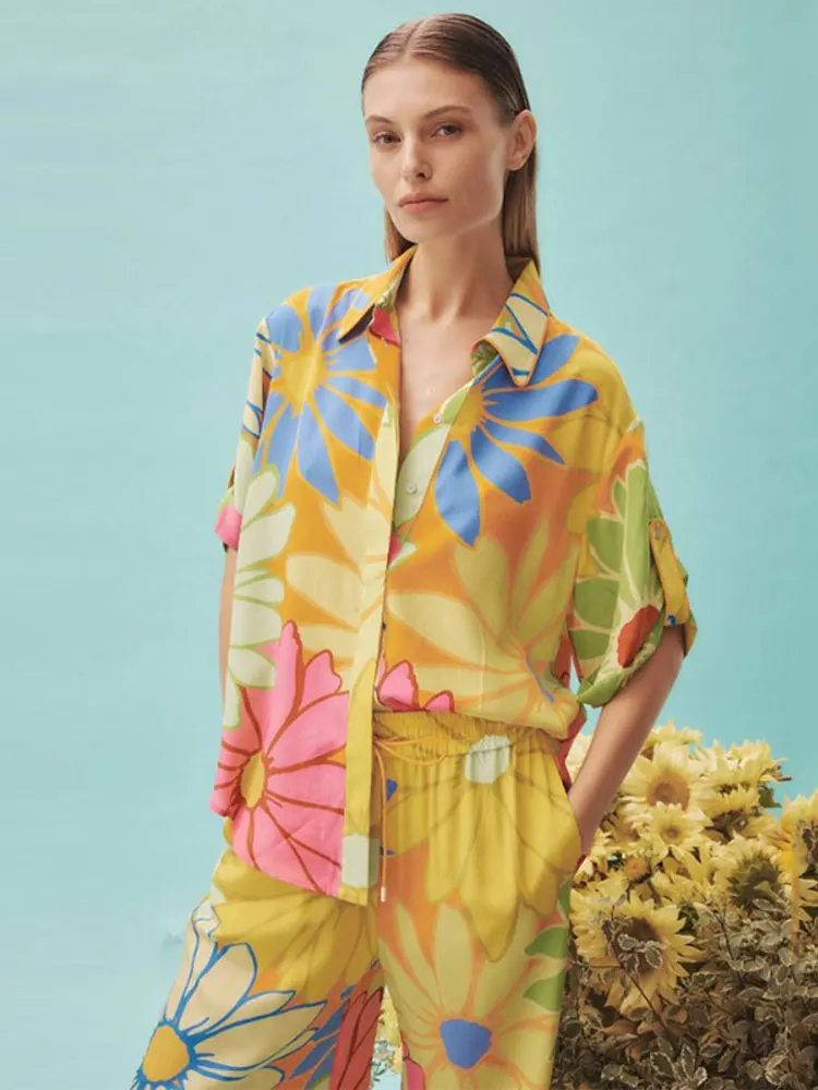 

Casual Short Sleeve Shirt And Wide Leg Pants 2 Piece Woman Outfits Fashion Floral Printed Holiday Suits Summer Loose Trouser Set