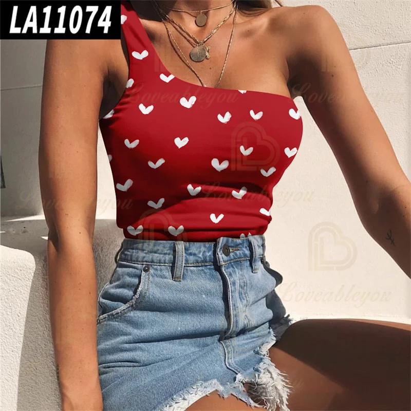 

Sexy Babes Red Single One Shoulder Heart Print Tank Tops Women Vest Sleeveless Summer T-Shirt Womens Cool Beach Tops