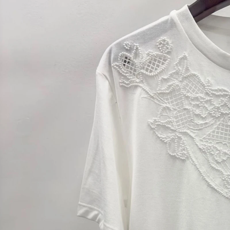 

Hollow Embroidered Beaded Versatile T-Shirt Women 2023 Summer Round Neck