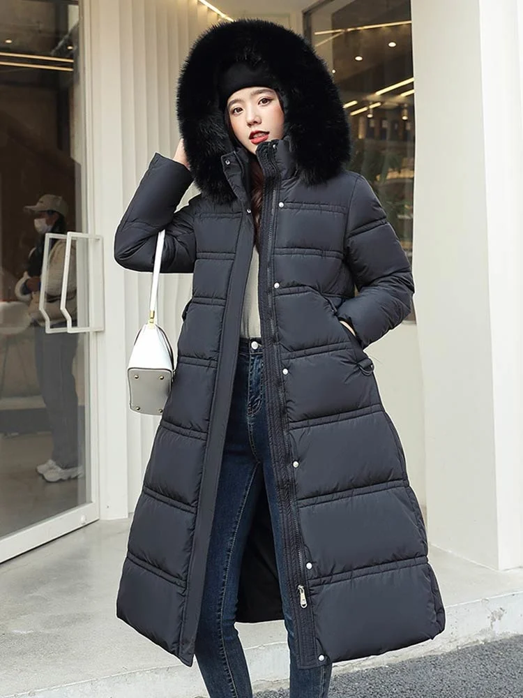 2022 New Winter Women Puffer Down Jacket Parkas Women Clothes Long Slim Fur Hooded Solid Warm Coats Female Outwear