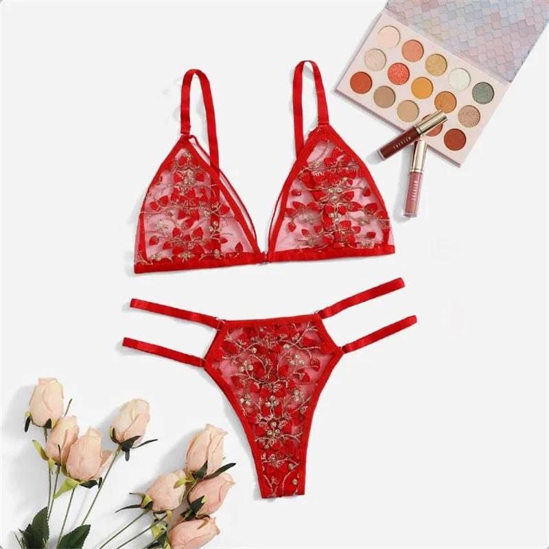 

Sexy Three-point Three-dimensional Embroidery Flower Bra Underwear Set Fun Underwear Porno Costume Sexy Women Open