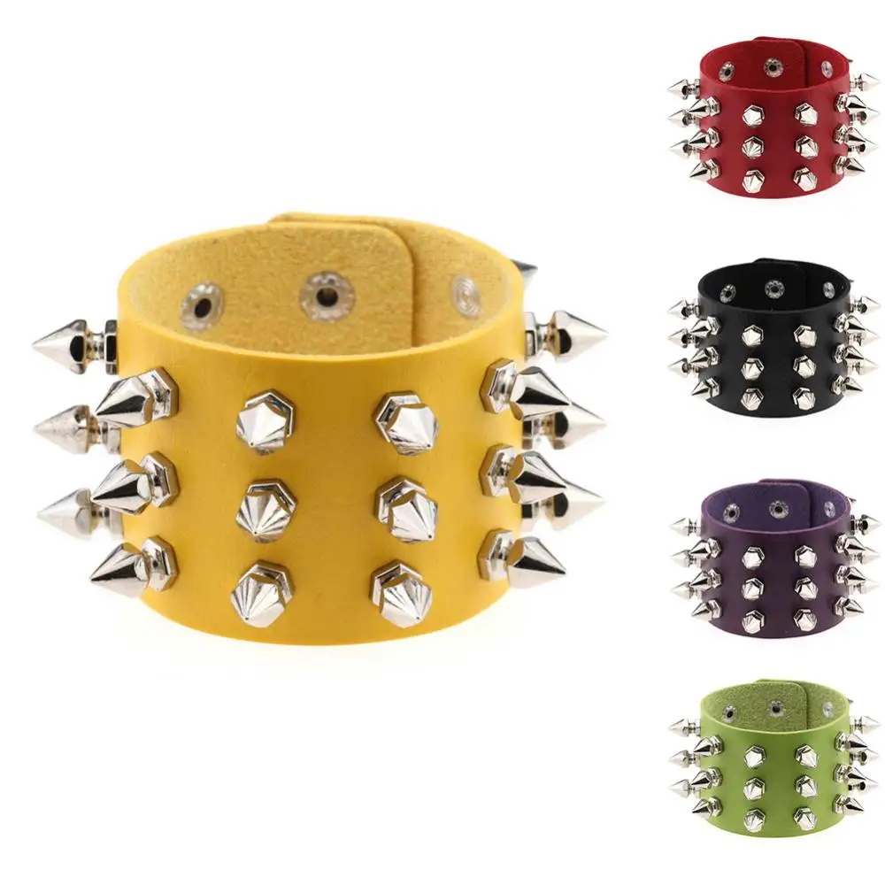 

new Punk Lines Stainless Steel Pointed Cone Rivet Faux Leather Bangle Bracelet