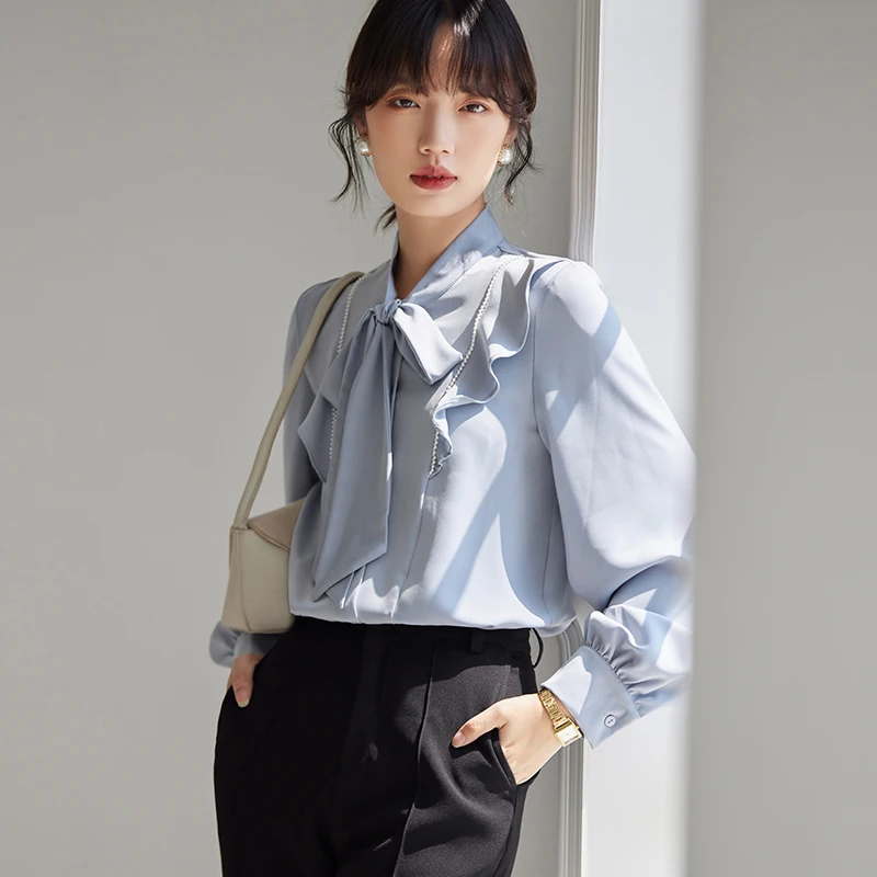 

Женская летняя рубашка с бантом, новинка 2022, блузки с оборками, облегающий корейский Топ с длинным рукавом и круглым вырезом, Повседневная м...