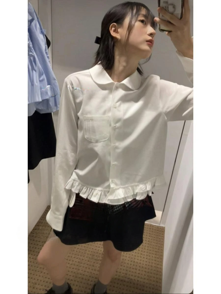 Новинка осени 2024 асимметричная универсальная Лоскутная белая рубашка с оборками