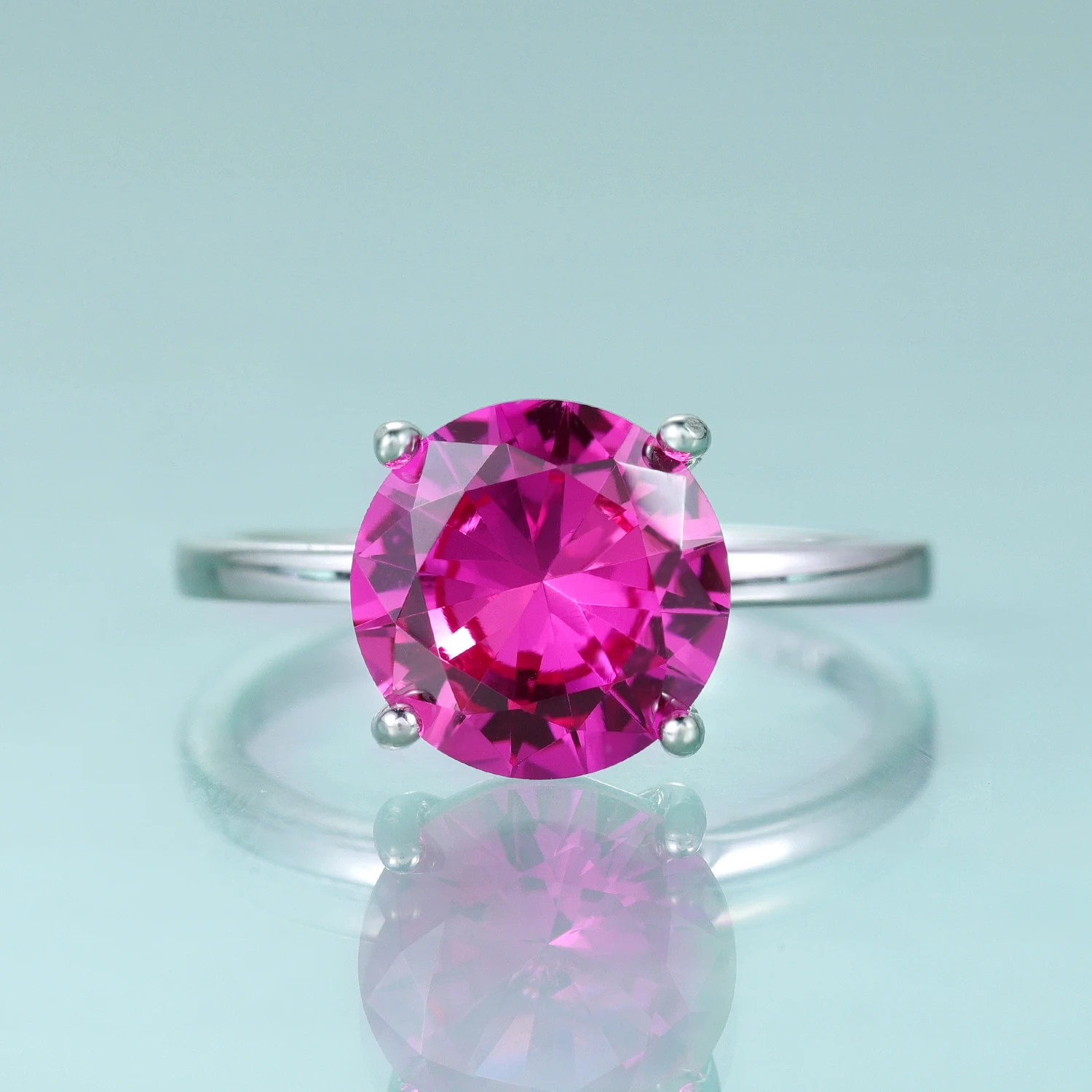 

GEM'S BALLET Round Lab Pink Sapphire Four Prong Solitaire Engagement Rings 925 Sterling Silver Anniversary Promise Gift Ring