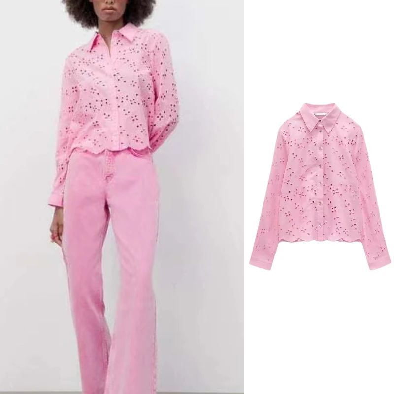 

Za Spring New Women Hollow Embroidery Shirt Fashion Retro Lapel Single-Breasted Long-Sleeved Blouse Casual Office All-Match