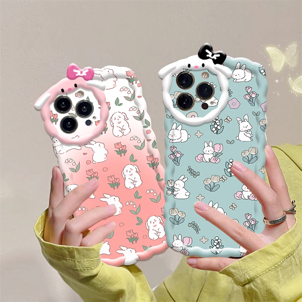 

For iPhone 11 13 Pro 14 12 Plus X XS Max XR Cartoon Rabbits Pattern Phone Case Cat Lens Wavy Phone Shell Soft Protective Cover