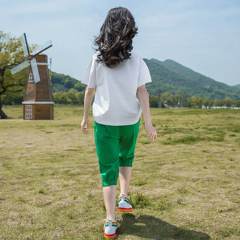 Baby Girl Summer Clothing Set 2 PCS Children Casual Print Suit Cotton Thin T-shirt + Overalls Suit Western Style Campus Sports