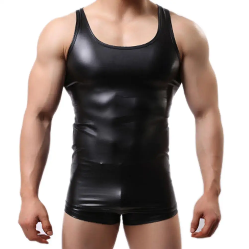 ummer Men Sexy Solid Color Sleeveless Low-cut Faux Leather Slim Vest Gym Tank Top