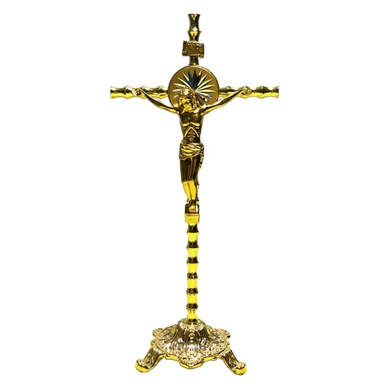 

Metal Table Ornaments Vintage Gold Plated Standing with Stand Religious Christian Crucifix Church Decoration