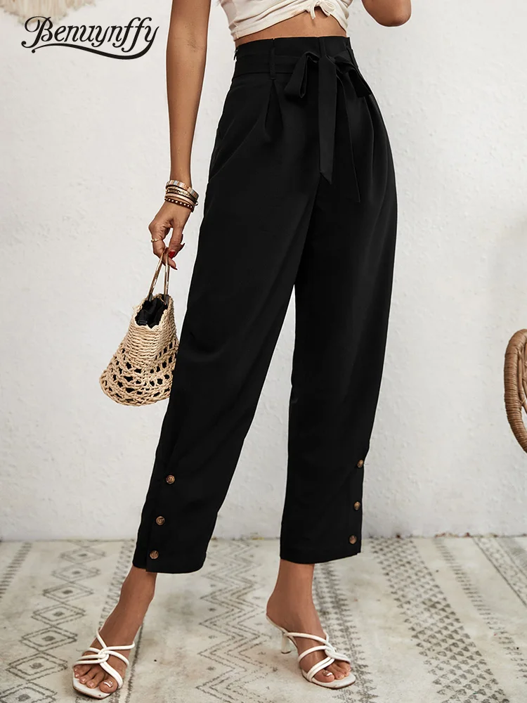 

Benuynffy 2023 Summer New Black High Waist Belted Pants Women Korean Fashion Buttons Elegant Office Ladies Tapered Trousers